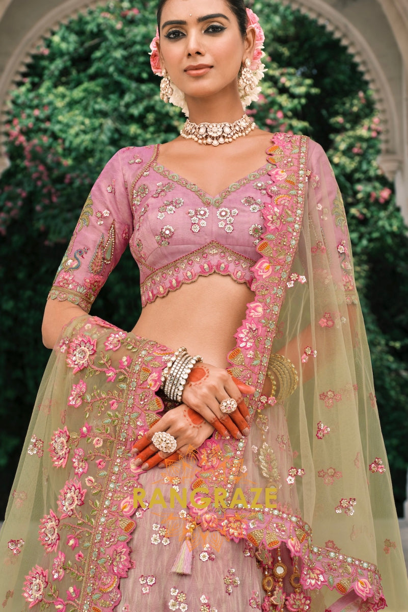 Blush Meadow Pastel Pink and Olive Green Embroidered Lehenga – An Ode to Floral Elegance