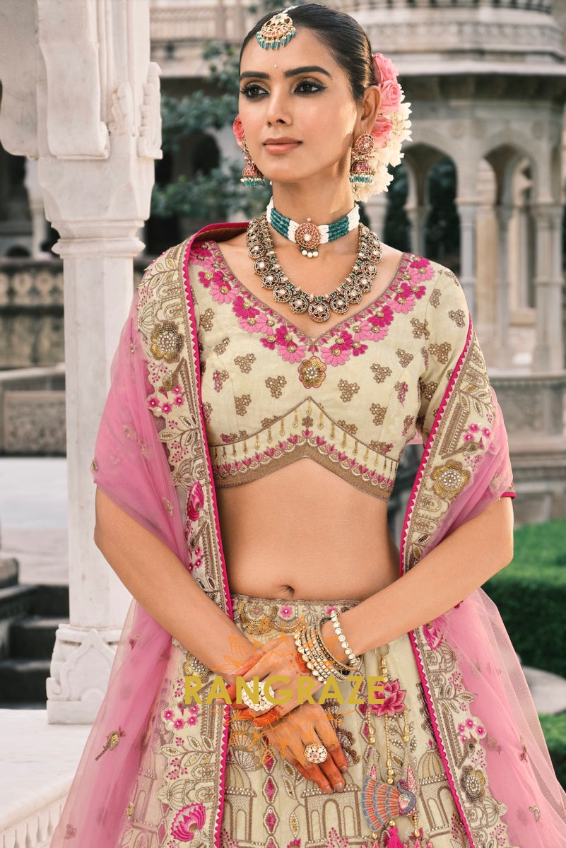 Ivory Blush Elegance – Silk Lehenga with Pink Embroidered Dupatta