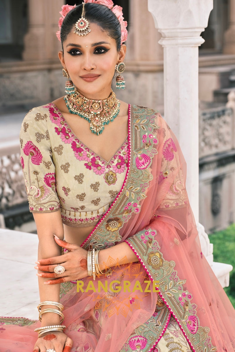Regal Charm Ivory and Pink Embroidered Silk Lehenga – An Heirloom of Grace