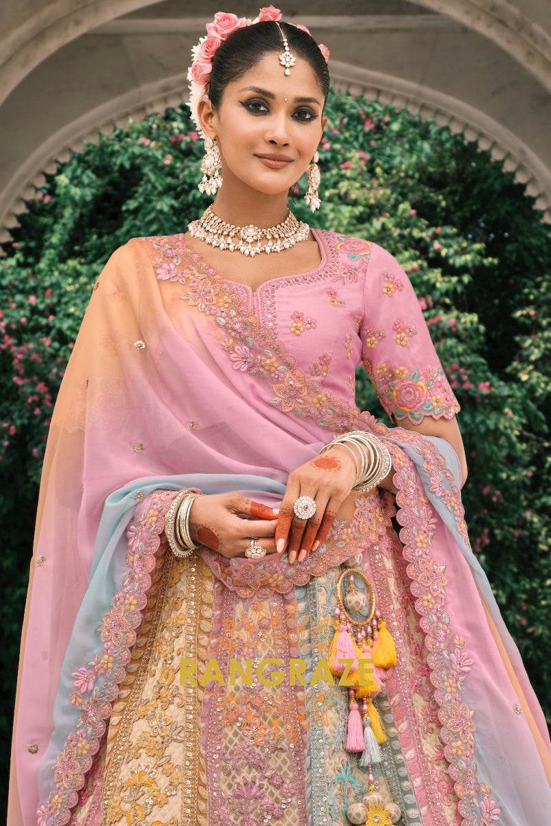Pastel Symphony Multi-Hued Embroidered Bridal Lehenga – A Celebration of Colors and Elegance