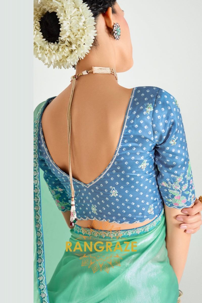 Aqua Green Organza Tissue Silk Saree