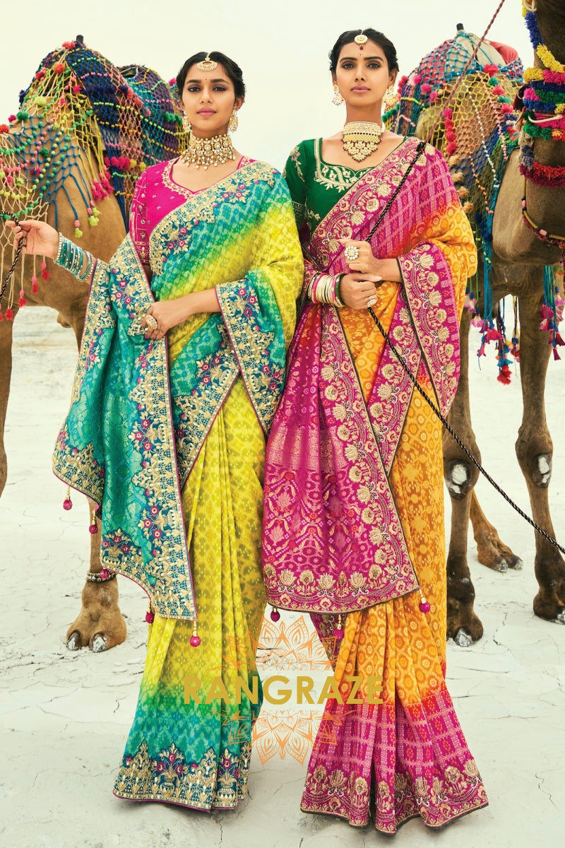 Radiant Lime & Teal Pure Georgette Bandhej Saree with Hand Embroidered Border