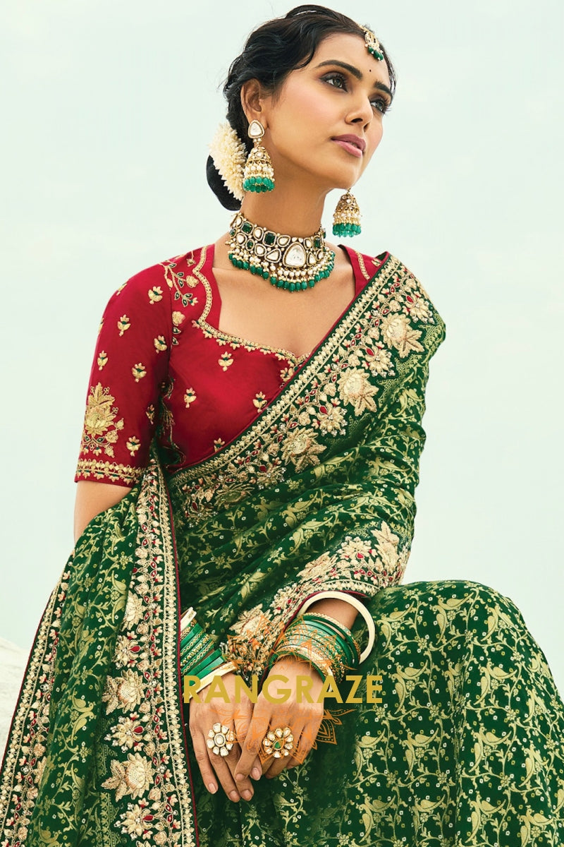 Green Pure Georgette Bandhej Saree with Moti & Cut-Dana Handwork