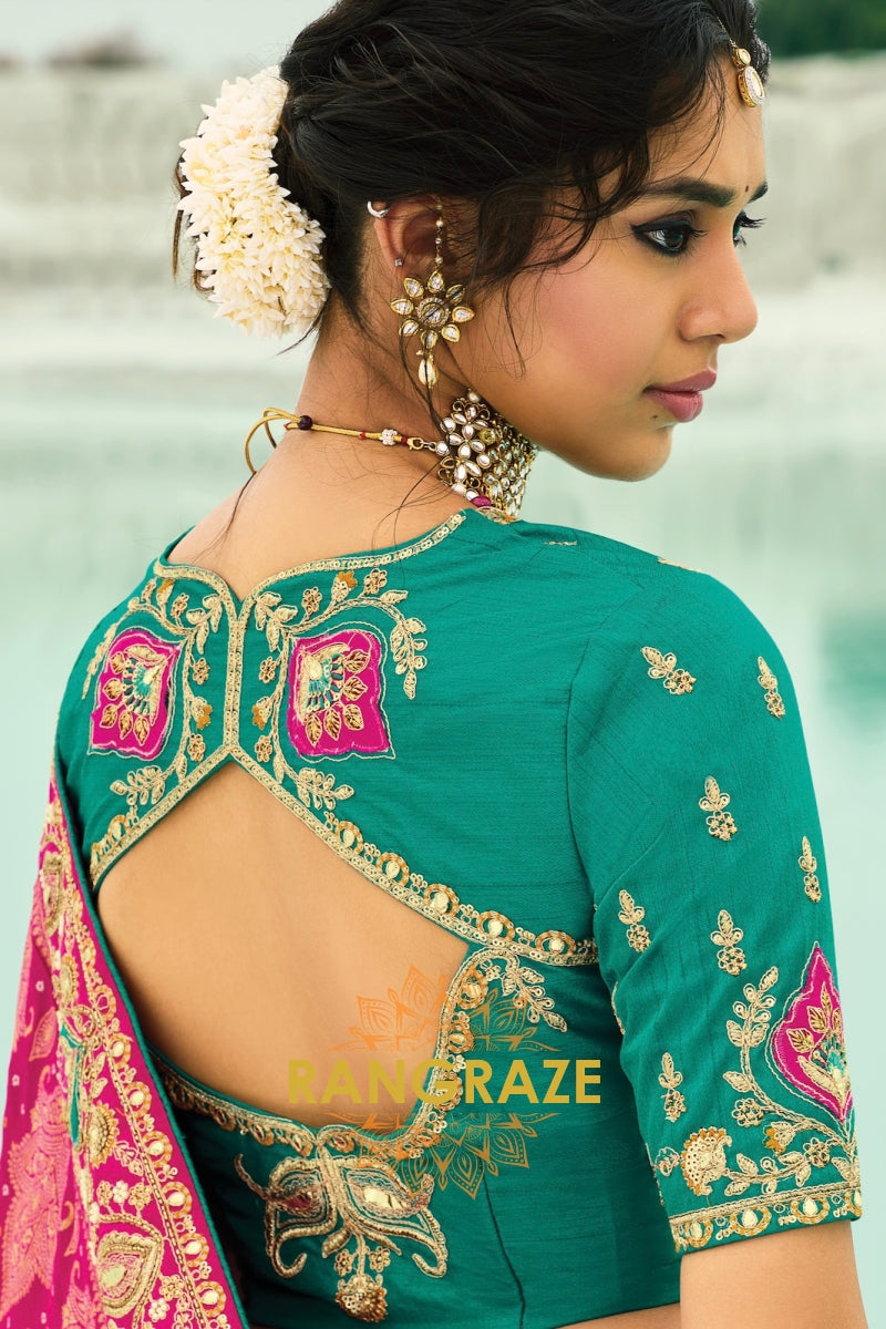 Pink Pure Georgette Bandhej Saree with Heavy Hand Embroidery