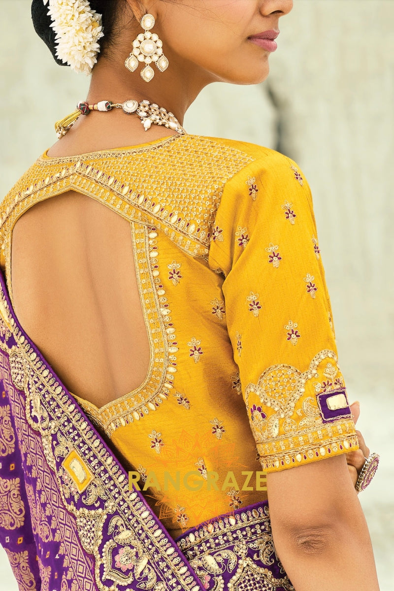 Purple Pure Georgette Bandhej Saree with Heavy Zari & Handwork Border