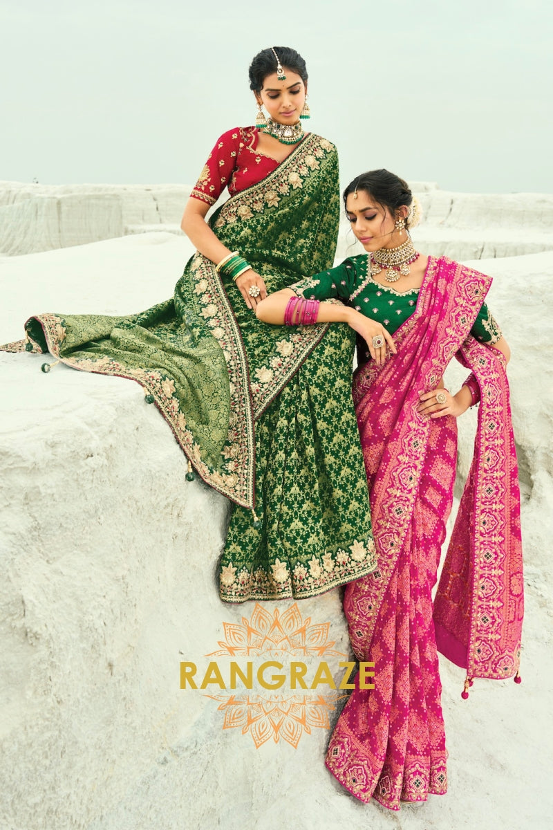 Magenta Pure Georgette Bandhej Saree with Heavy Embroidery