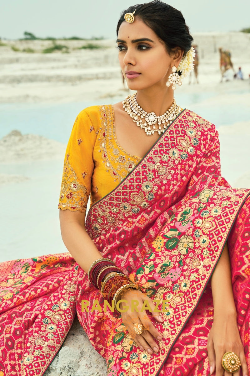 Red Pure Georgette Bandhej Saree with Heavy Handwork