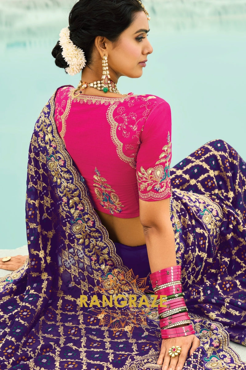 Purple Pure Georgette Bandhej Saree with Moti & Cut-Dana Heavy Hand Work Border