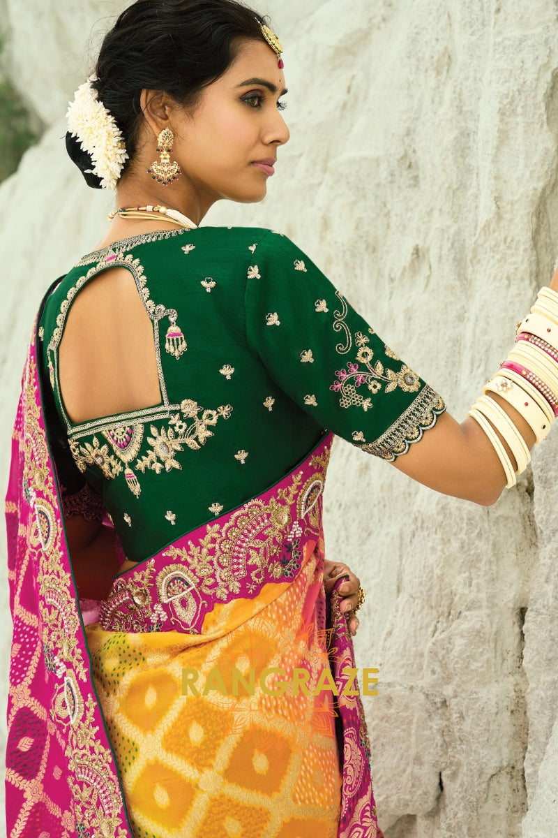 Pure Georgette Embroidered Bandhani Saree in Pink and Yellow