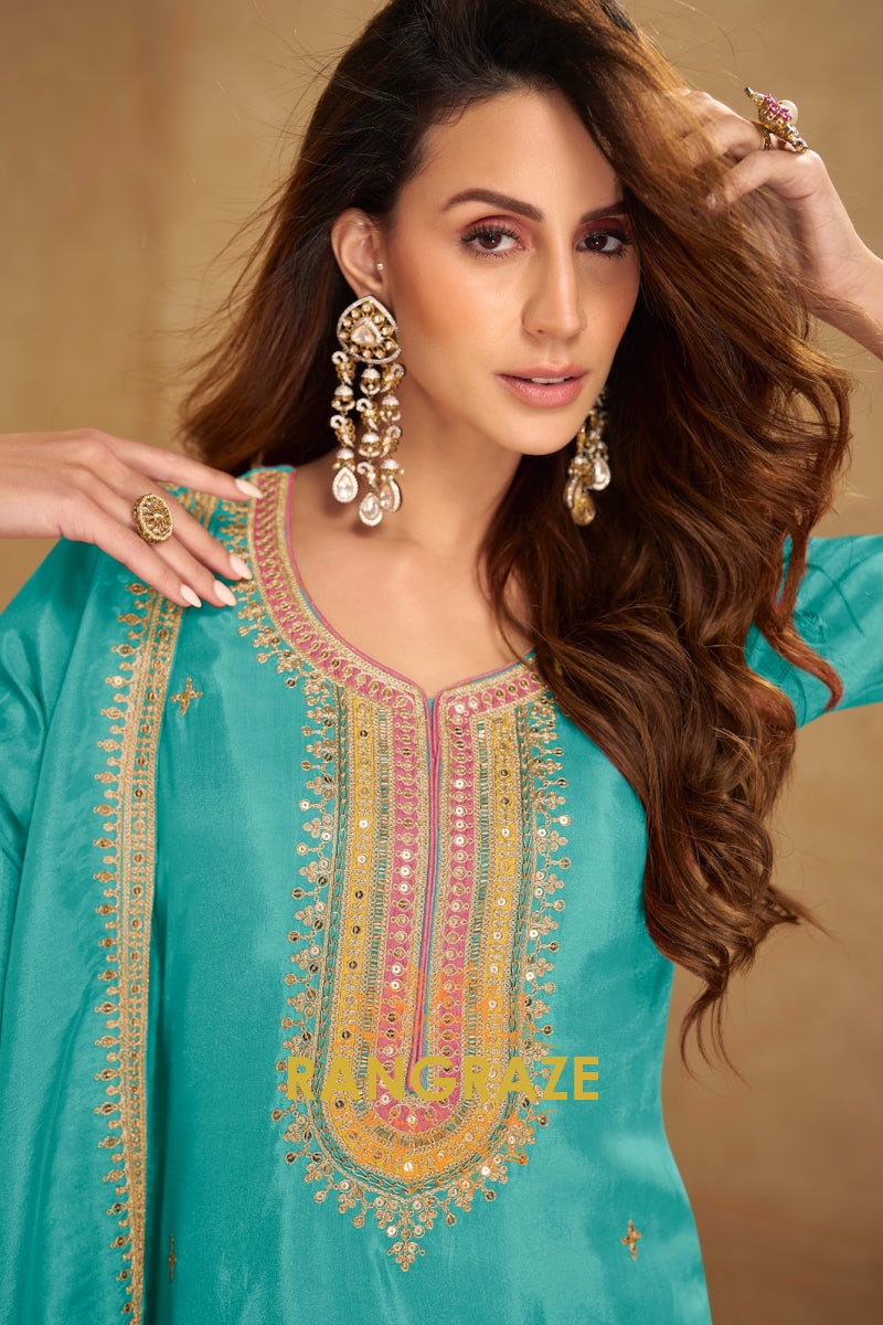 Aqua Gleam Silk Embroidered Suit Set – Refreshing Elegance with a Festive Glow