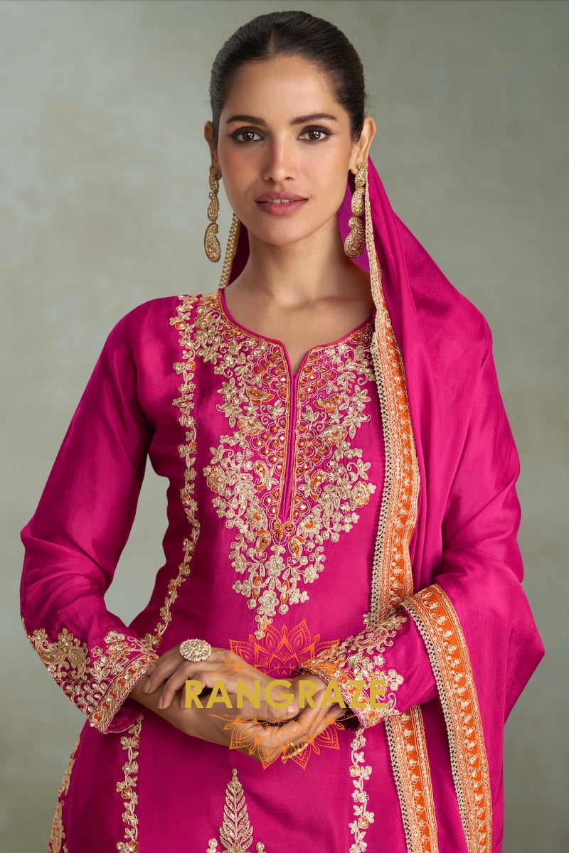 Fuchsia Flame Silk Embroidered Sharara Suit Set – Radiant, Festive & Feminine