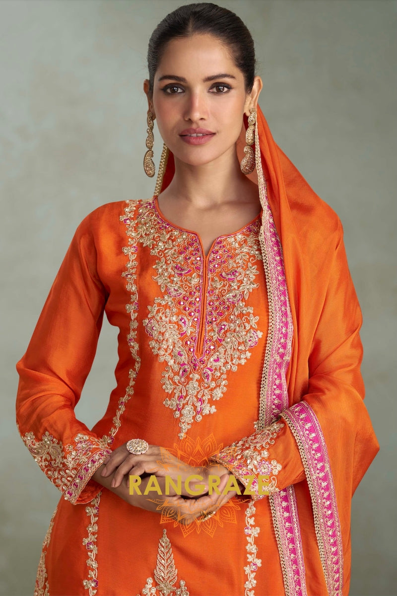 Amber Radiance Silk Embroidered Sharara Suit Set – A Celebration of Warmth & Royalty