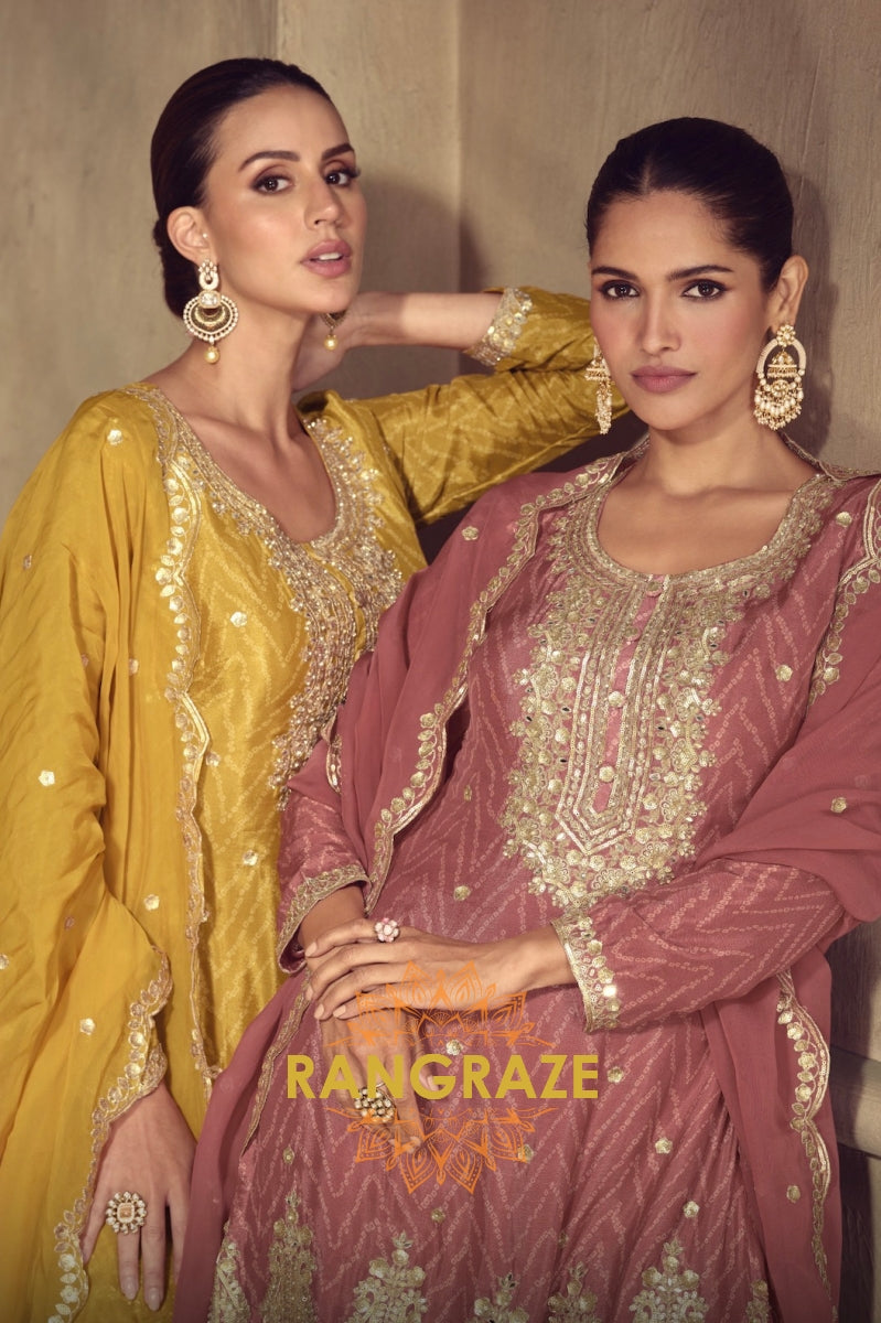 Radiate Festive Splendor in the Mustard Gold Chinon Embroidered Sharara Suit Set