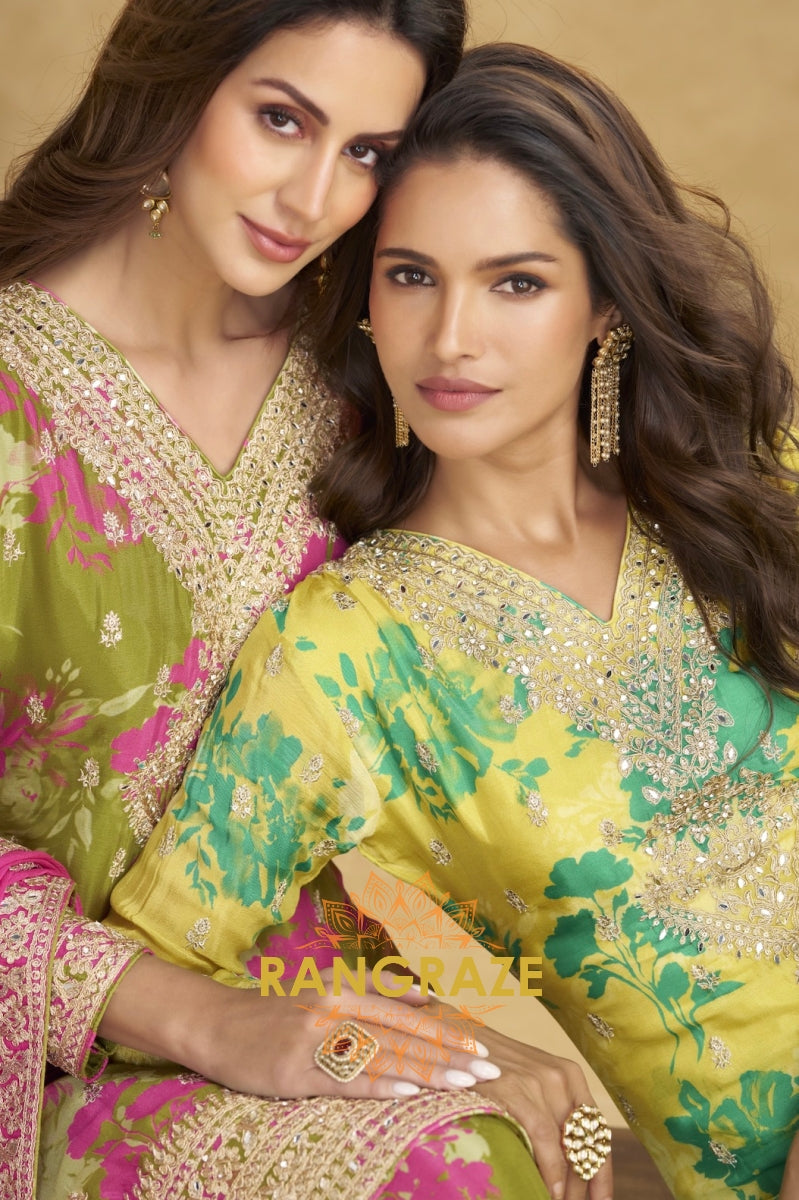 Radiant Lime Bloom Chinon Silk Suit Set – 3 Piece Embroidered Kurta, Palazzo & Dupatta