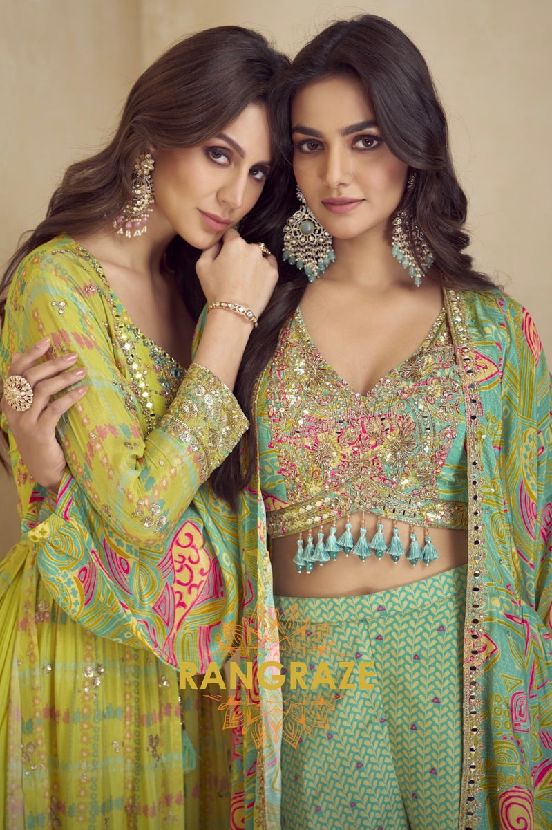 Lime Bliss Embellished Chinon Semi-Western Slit Jacket Suit Set