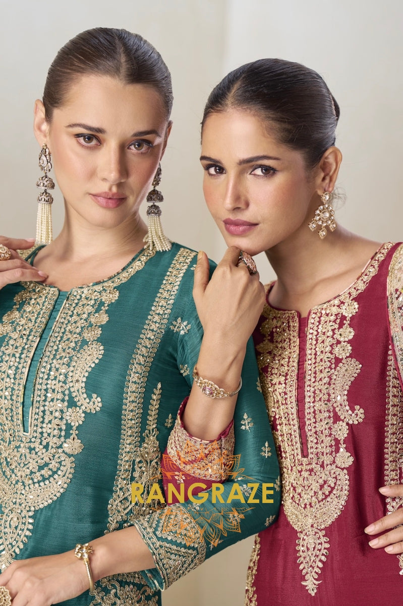 Maroon Floral Embroidered Straight Suit Set with Printed Palazzo & Dupatta