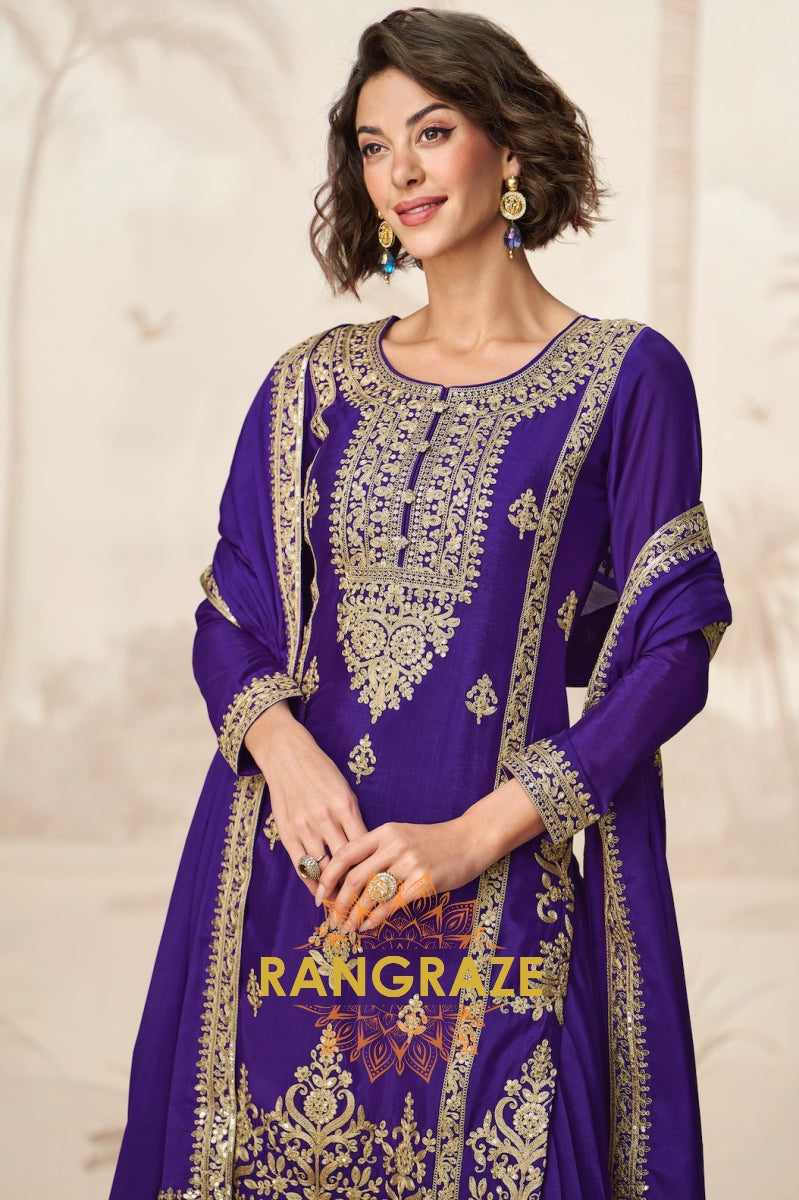 Regal Amethyst Chinon Silk Sharara Suit Set – 3-Piece Embroidered Kurta, Sharara & Dupatta