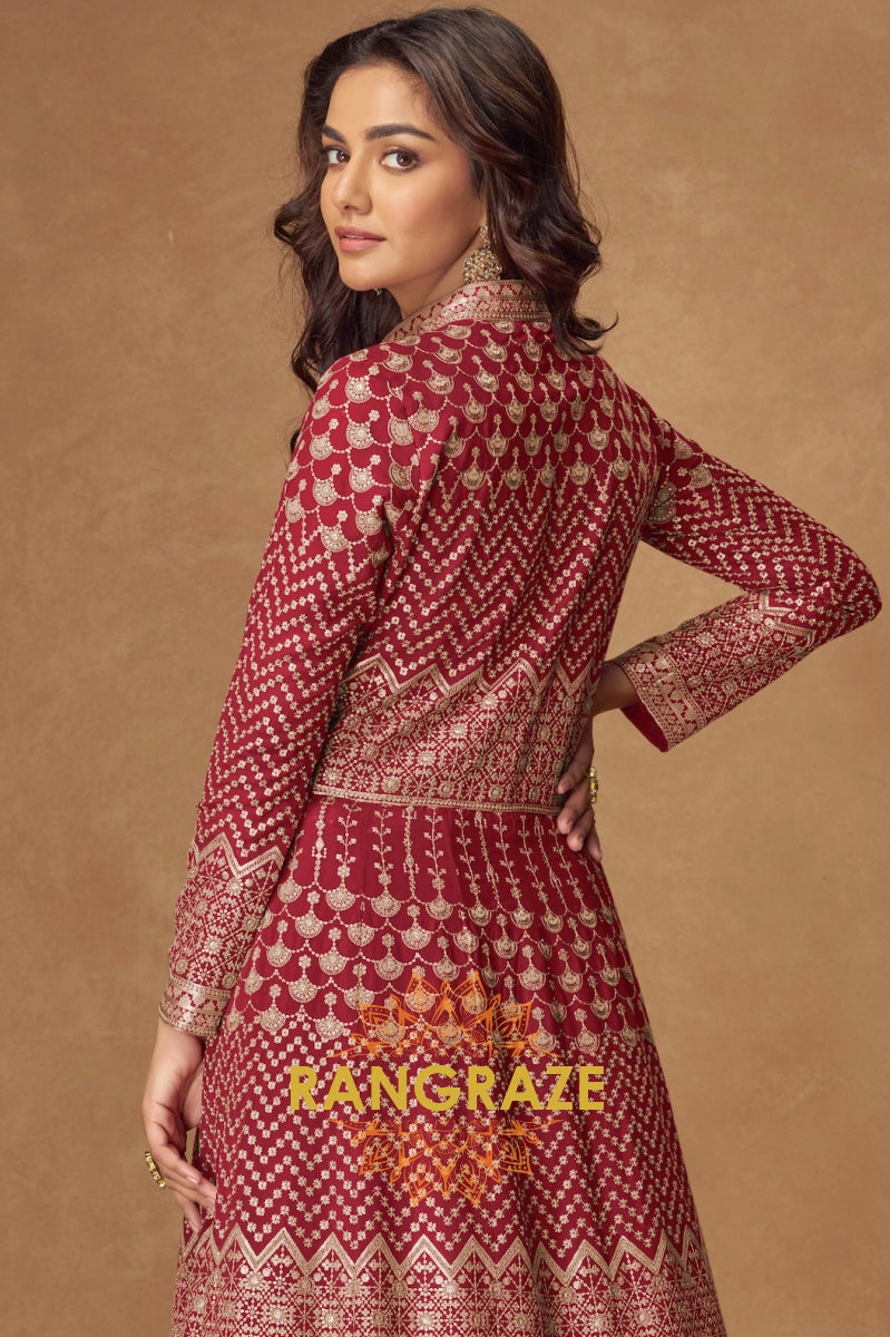 Maroon Elegance Front-Open Embroidered Anarkali Suit Set
