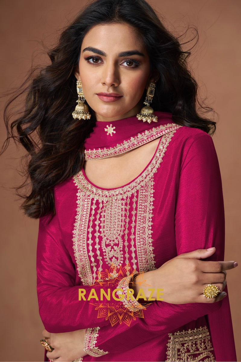 Majestic Magenta Chinon Silk Straight Suit Set