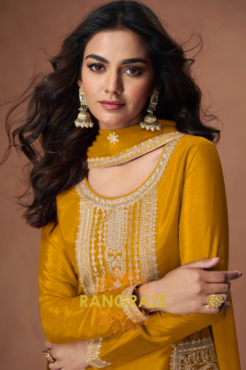 Sunlit Mustard Chinon Silk Suit Set with Floral Palazzo & Dupatta
