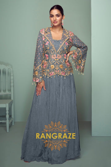 Slate Blossom Embroidered Chinon Jacket Style Suit Set