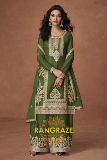 Regal Olive Chinon Silk Embroidered Straight Suit Set