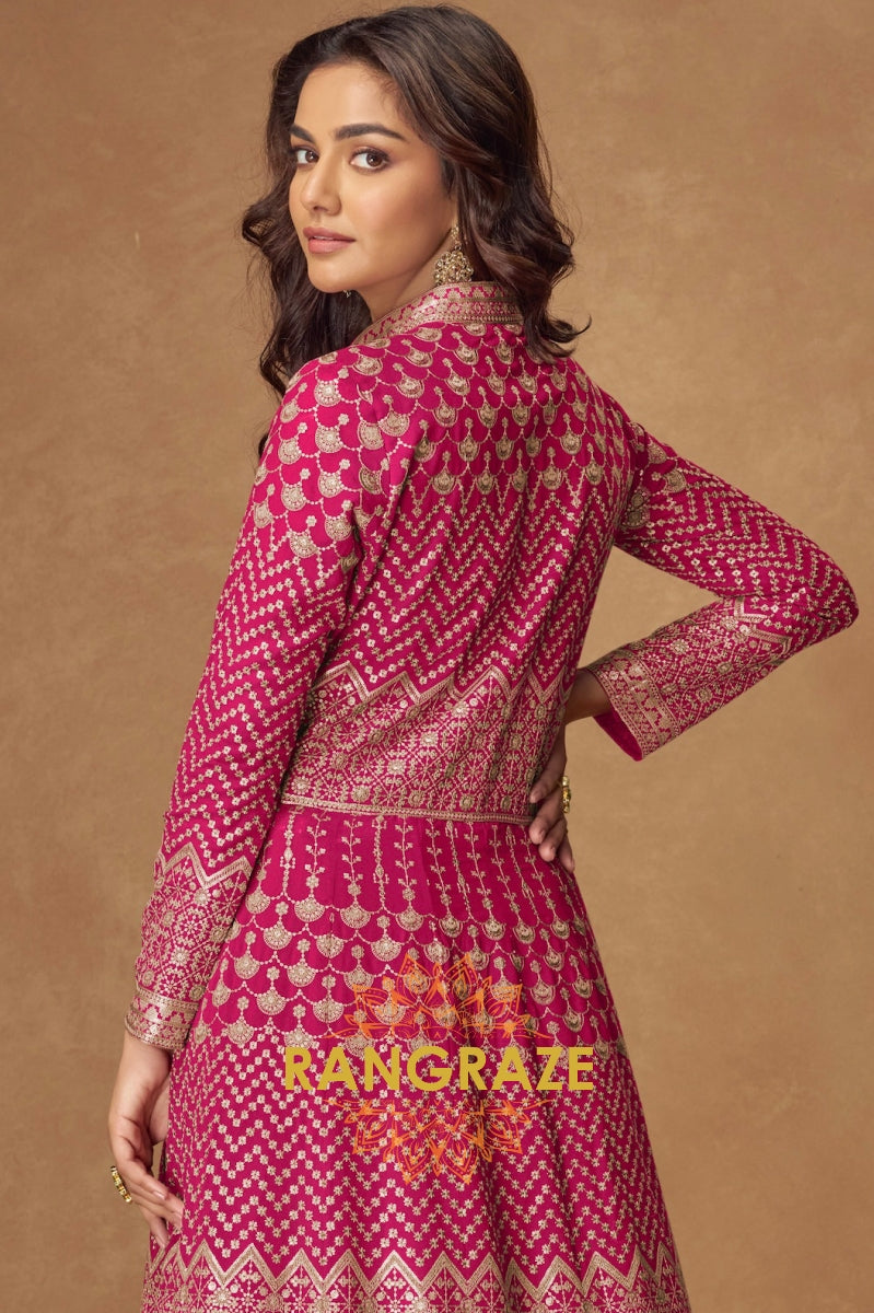 Fuchsia Majesty Embroidered Georgette Suit Set – 3-Piece Top, Flared Skirt & Dupatta