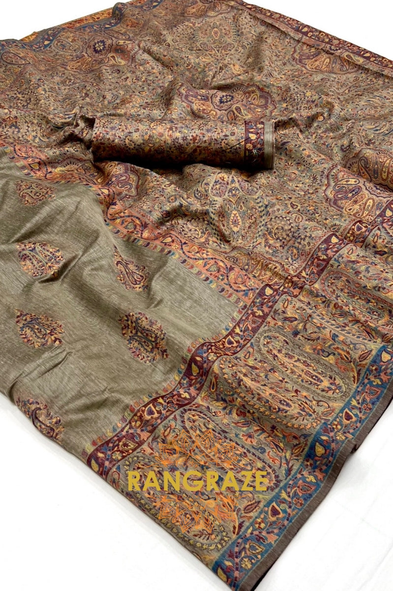 Majestic Steel Grey Woven Kashmiri Jamewar Modal Silk Saree