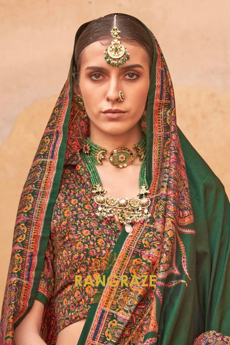 Forest Green & Multicolor Printed Premium Silk Saree