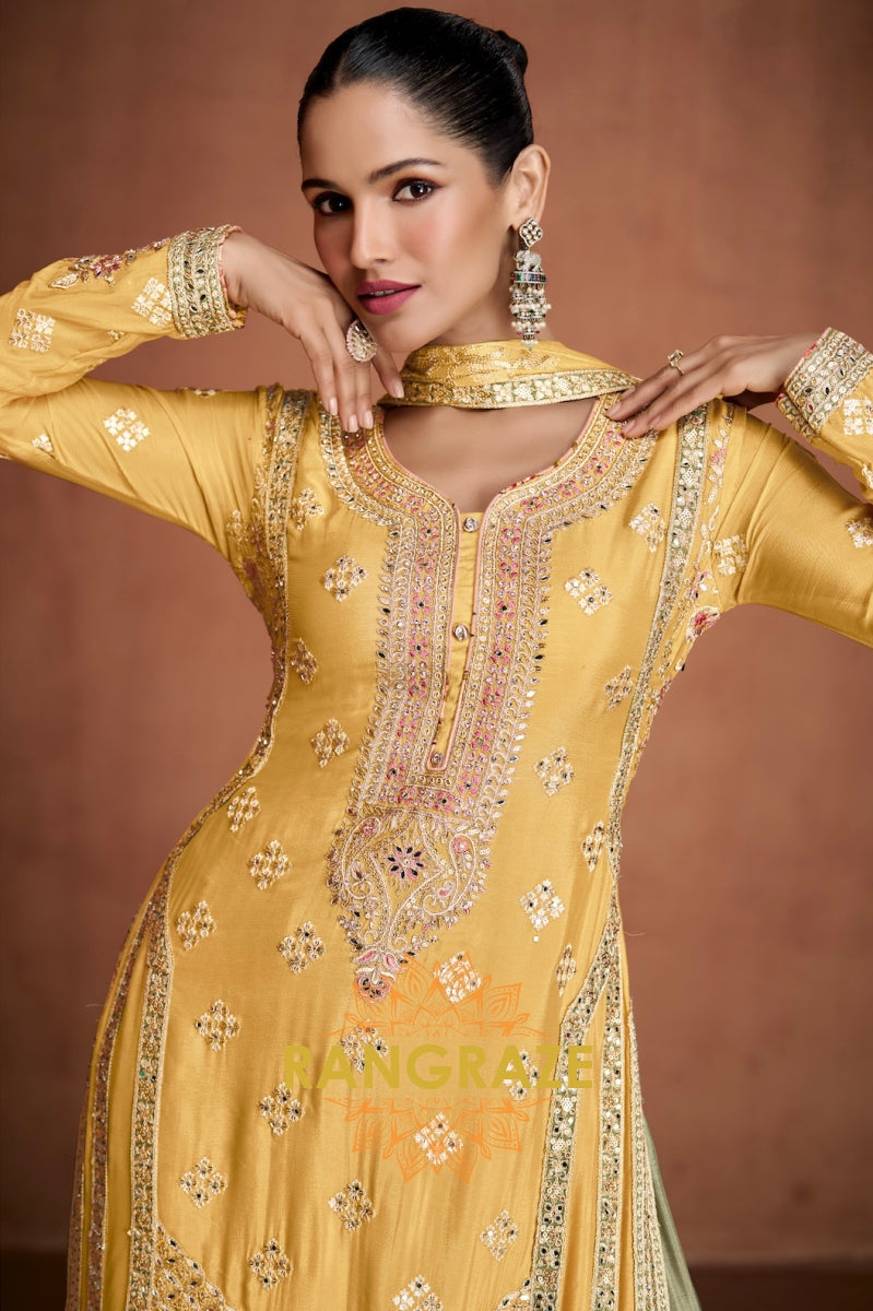 Radiant Yellow Embroidered Silk Palazzo Suit Set