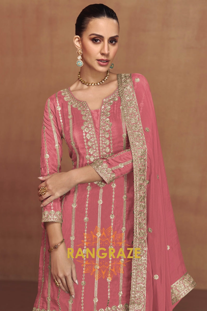 Blush Pink Embroidered Silk Palazzo Suit Set