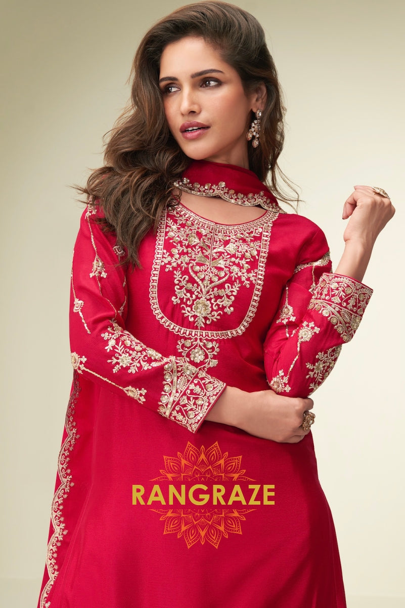 Red Embroidered Chinon Silk Suit Set