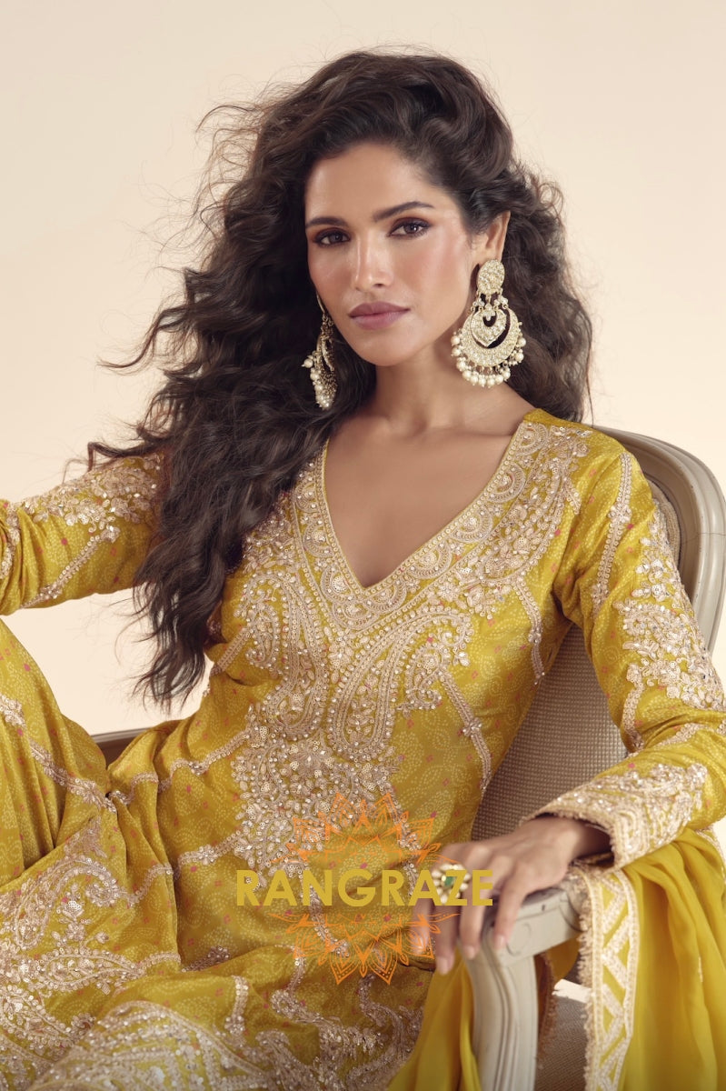Mustard Yellow Embroidered Silk Sharara Suit Set