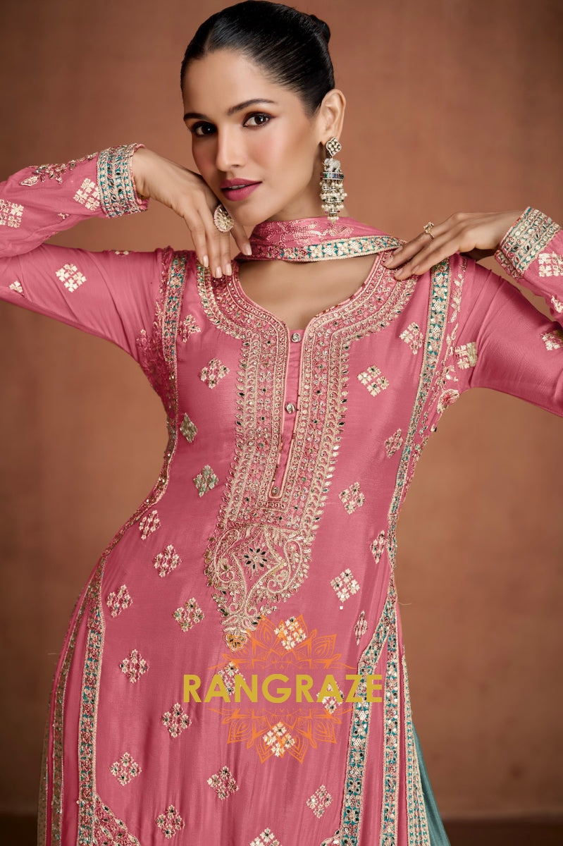 Elegant Pink & Teal Embroidered Silk Palazzo Suit Set