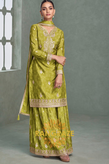 Olive Green Embroidered Silk Palazzo Suit Set