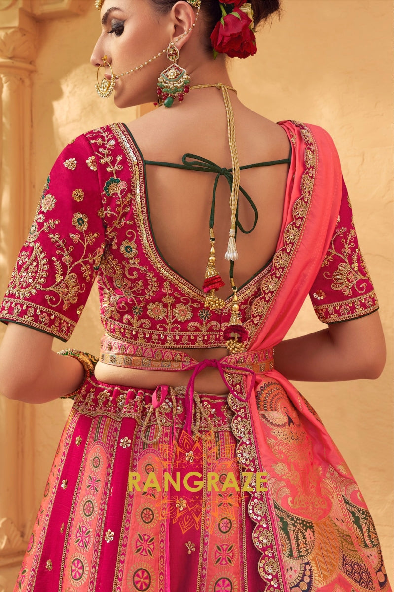 Peacock Paradise Banarasi Silk Lehenga with Hot Pink Embroidered Blouse and Tangerine Ombre Dupatta