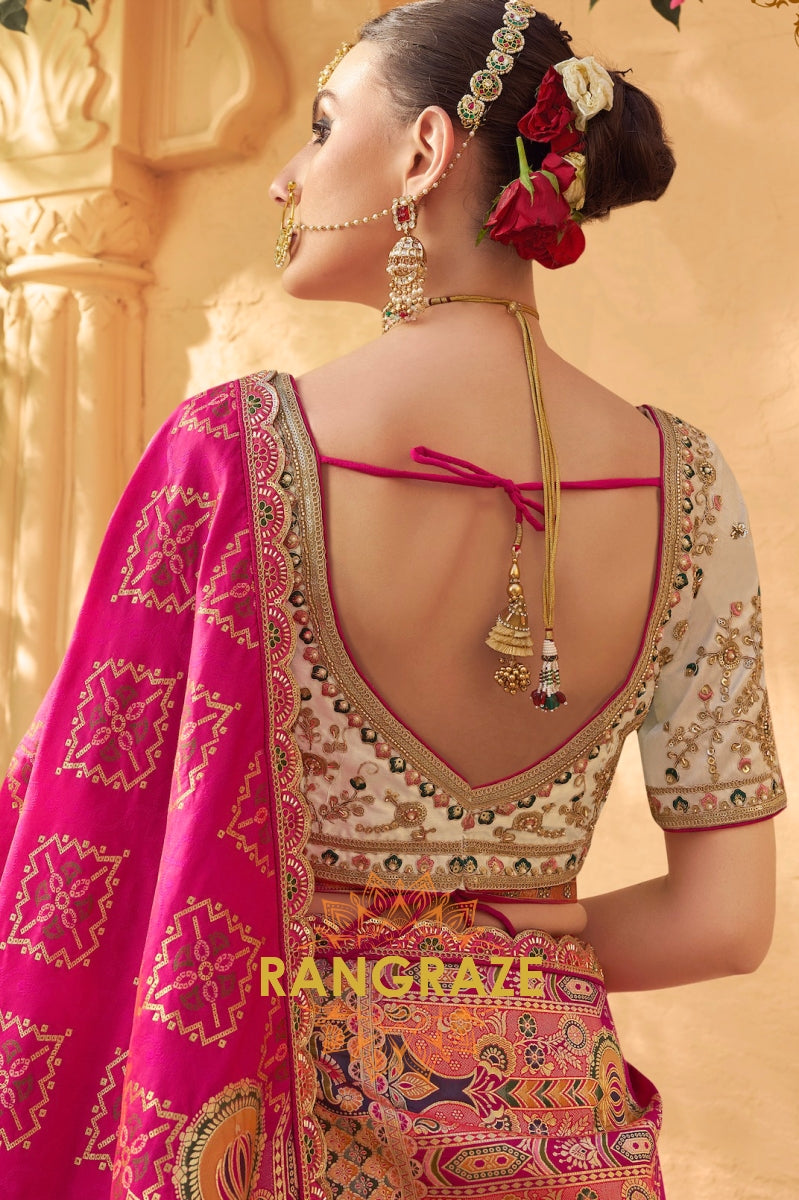 Ivory Blossom Banarasi Silk Lehenga with Mirror Embroidered Blouse and Fuchsia Dupatta