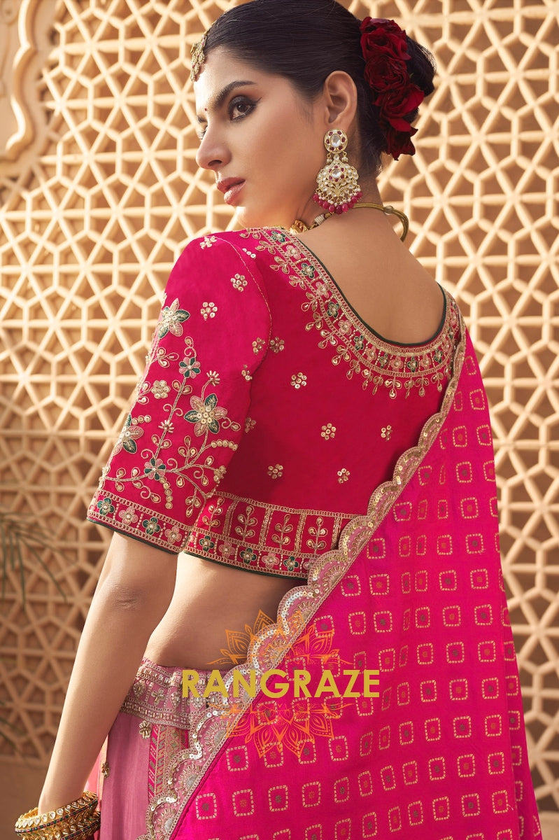 Pink Banarasi Silk Lehenga with Rani Pink Bandhani Dupatta