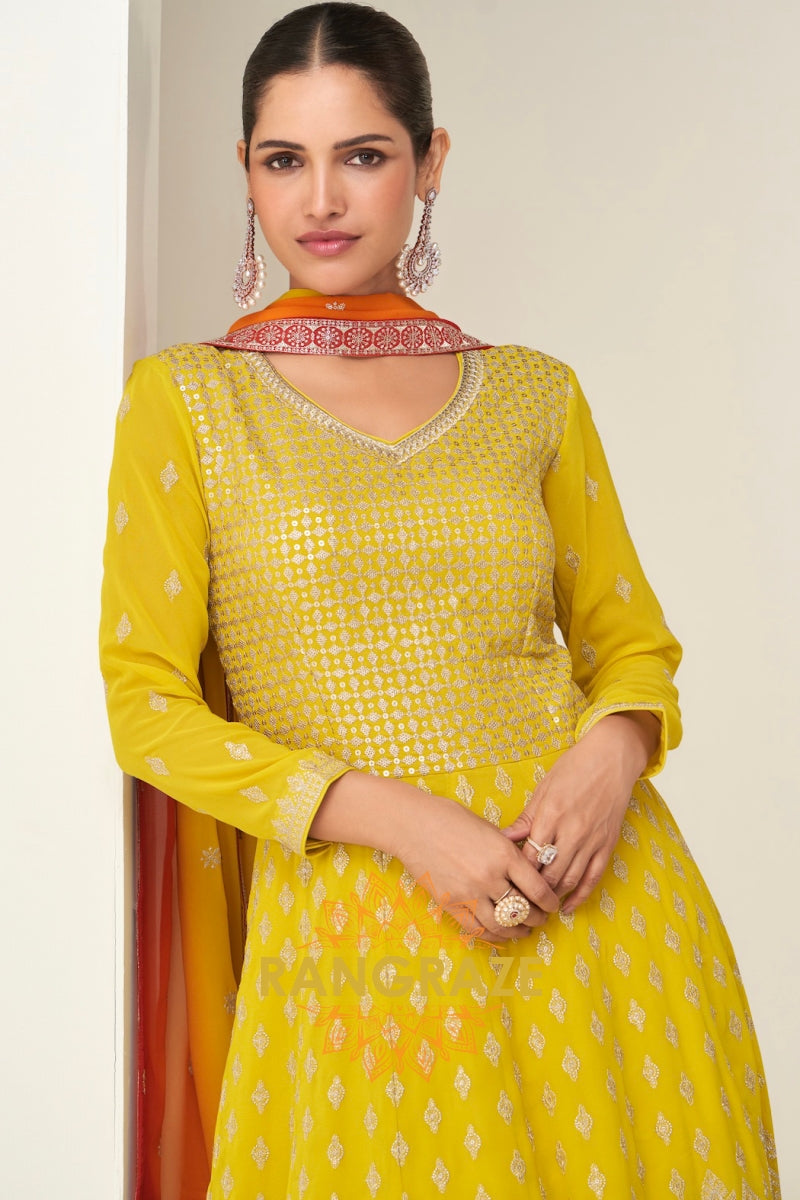 Sunshine Yellow Ombre Georgette Anarkali Gown Suit with Dupatta