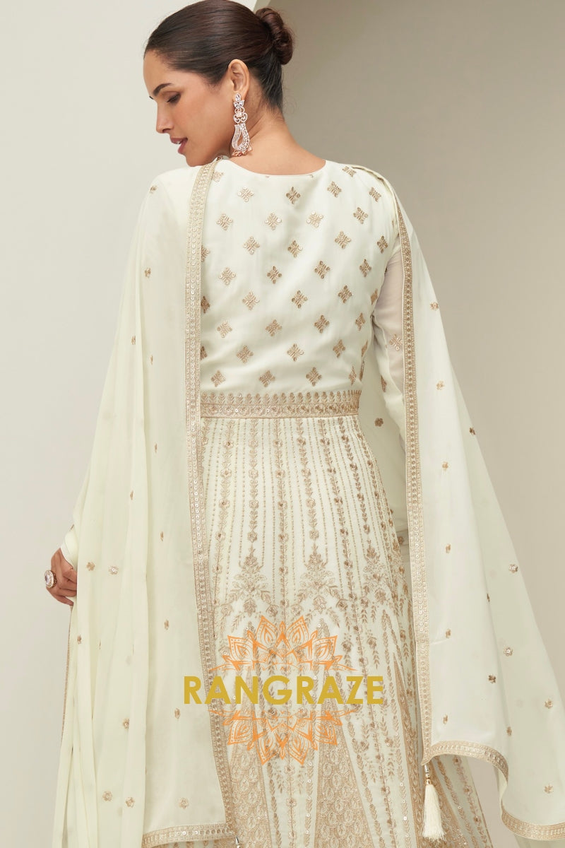 Ivory Gold Embroidered Georgette Anarkali Gown Suit Set