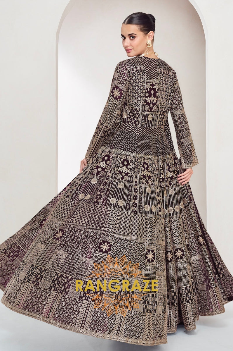 Wine Regal Embroidered Indo-Western Palazzo Suit Set