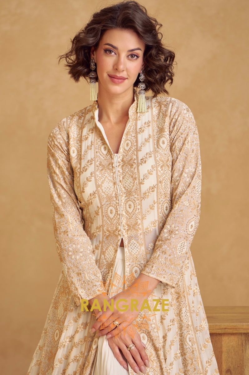 Ivory Grace Embroidered Front Slit Georgette Suit Set