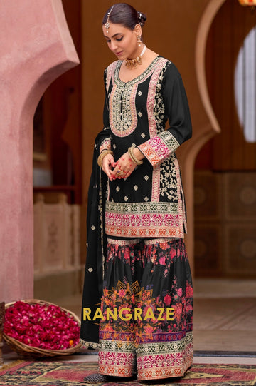 Noor-e-Nazakat Black Embroidered Chinon Sharara Suit Set