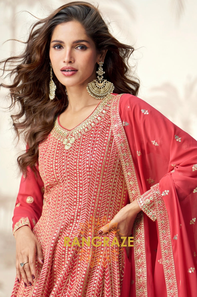 Crimson Bloom Red Embroidered Palazzo Suit Set