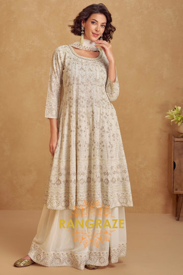 Ivory Serenity Embroidered Palazzo Suit Set