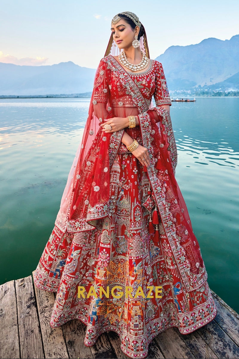 Red Double Dupatta Bridal Lehenga Vrushika Mehta Red Matka Silk