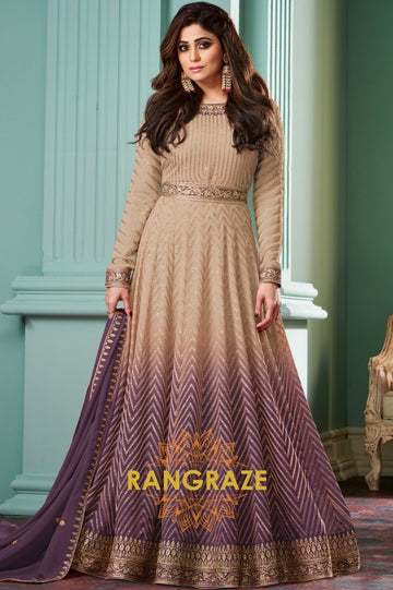 Twilight Bloom Beige-Plum Embroidered Anarkali Suit Set