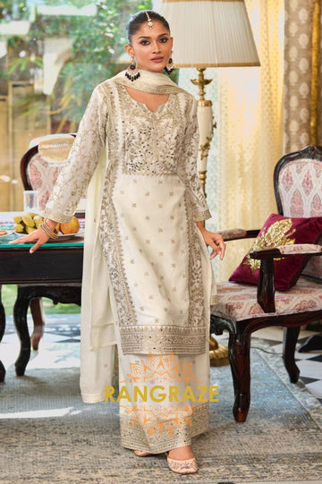Ivory Elegance White Embroidered Palazzo Suit Set