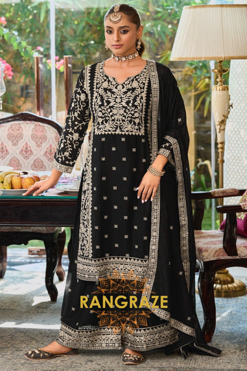 Midnight Majesty Black Embroidered Palazzo Suit Set