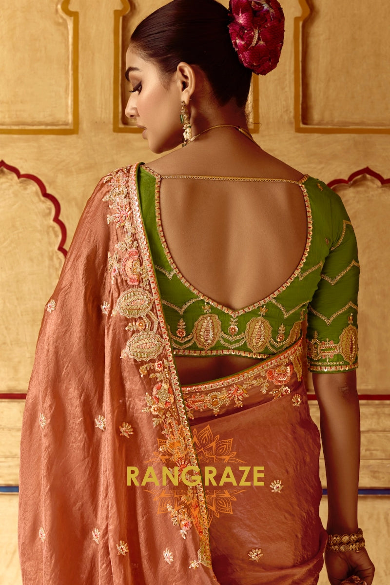 Amber Blush: Handcrafted Crush Silk Saree